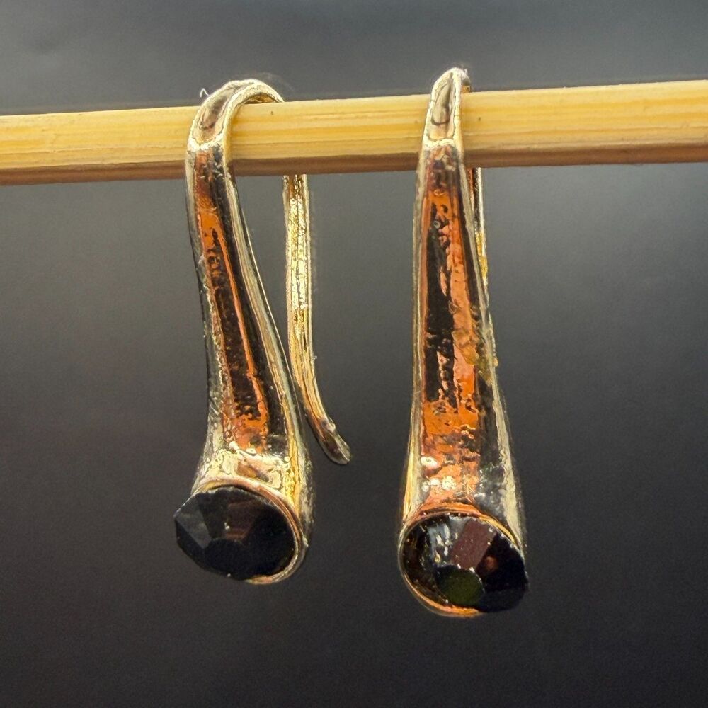 Medium Elongated Tear Drop Women Black Crystal Gold Tone Statement Gift